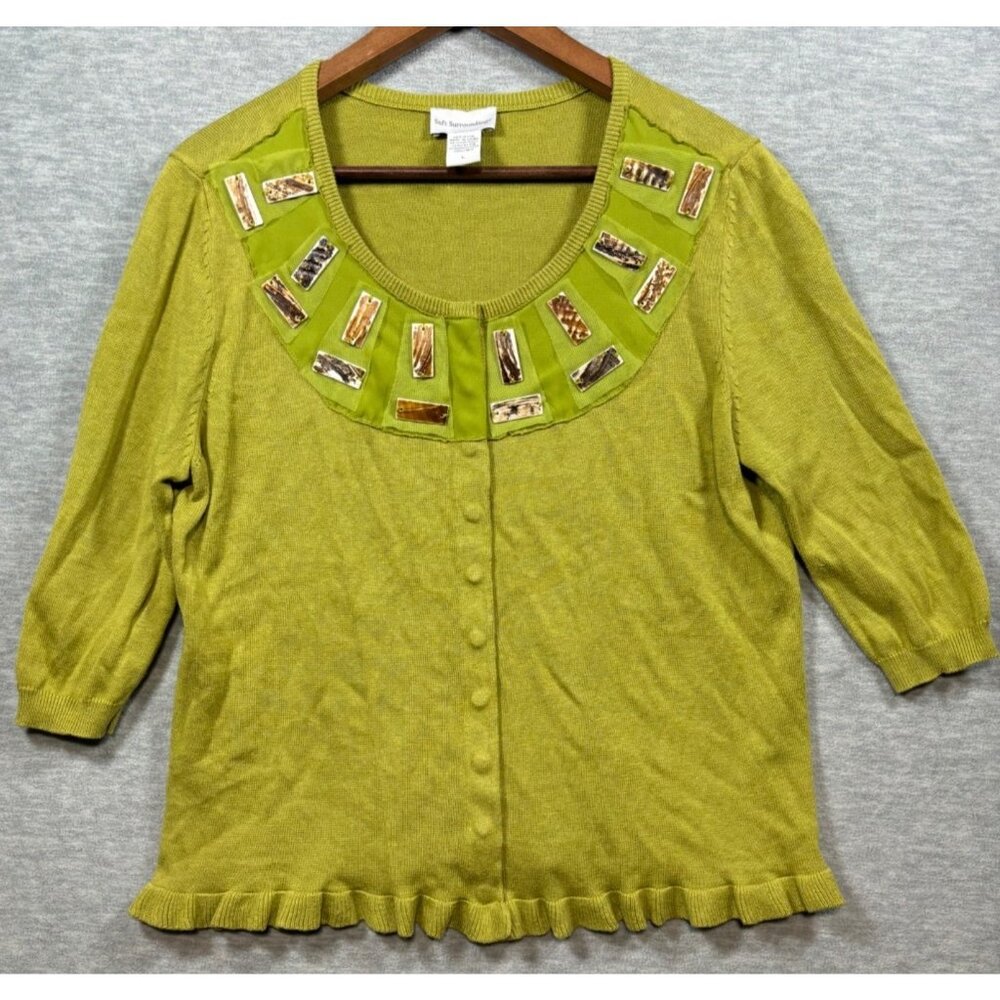 Soft‎ Surroundings Womens Sweater L Beaded Cardigan 3/4 Sleeve Snap Front